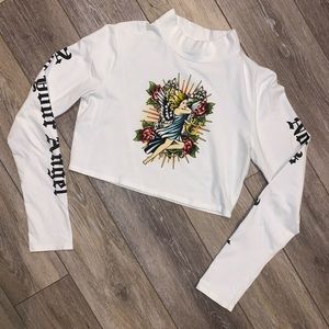 mock neck white graphic crop top
